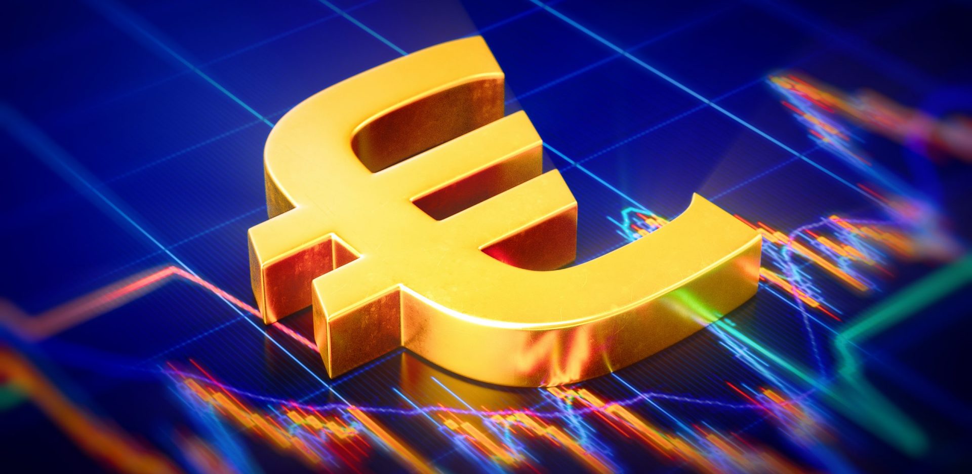 Conceptual image with a golden euro sign and stock graphs in the background
