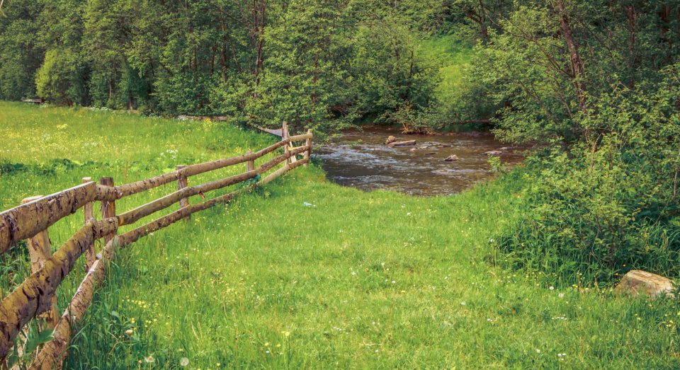 A green field with a wood fence and a small river in the background