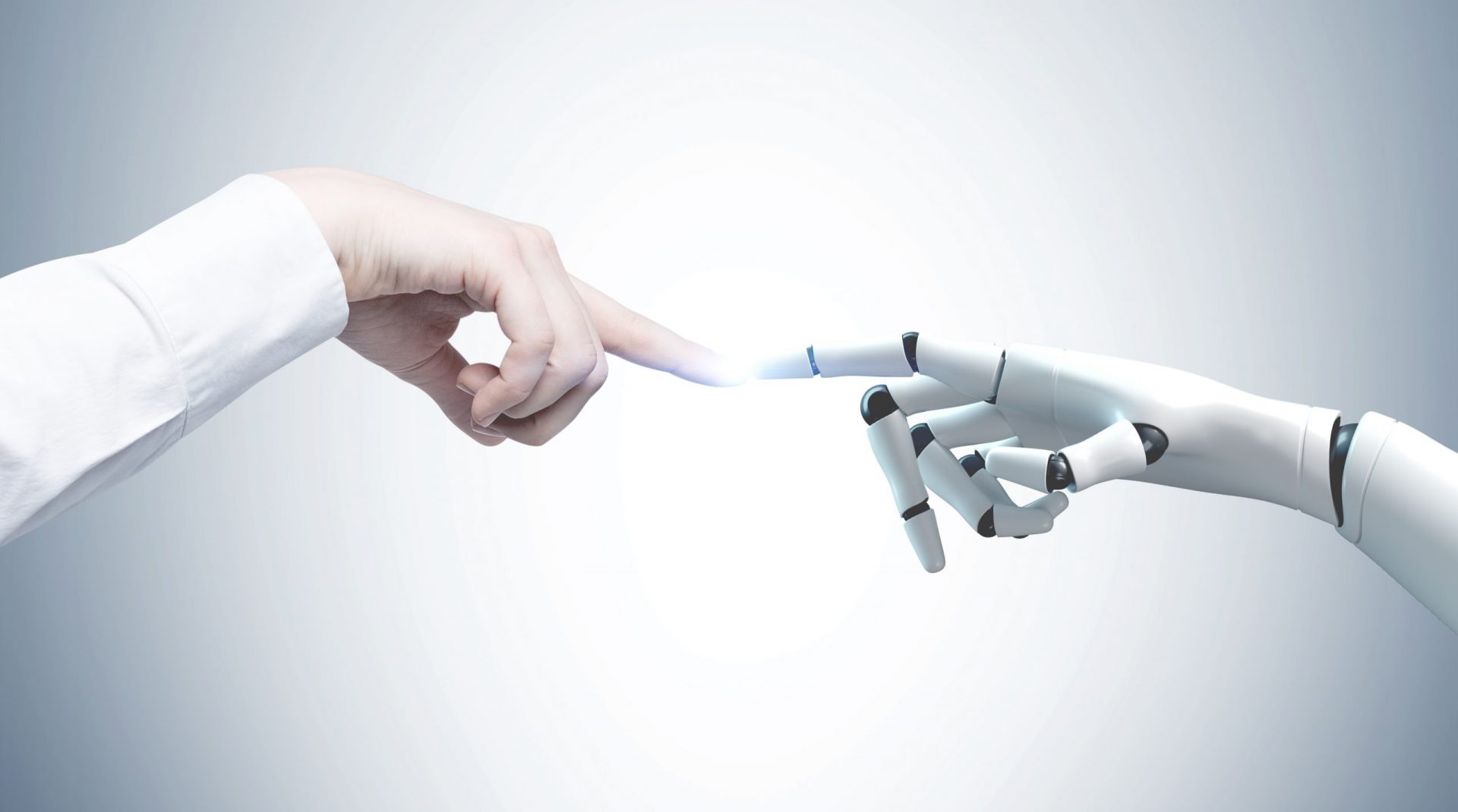 Human and Robot Hand Reaching out and touching in the Index finger