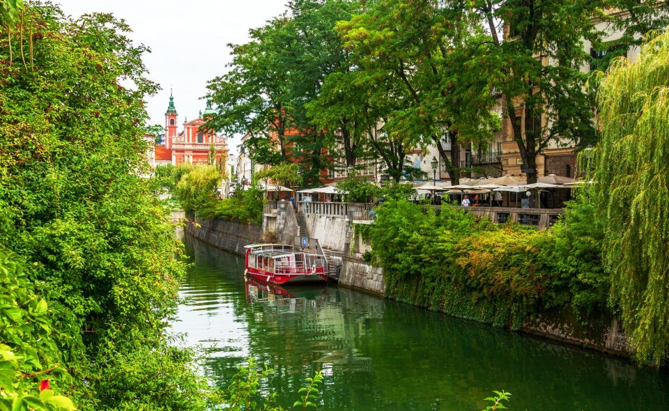 Photo of a river and trees in Ljubljana