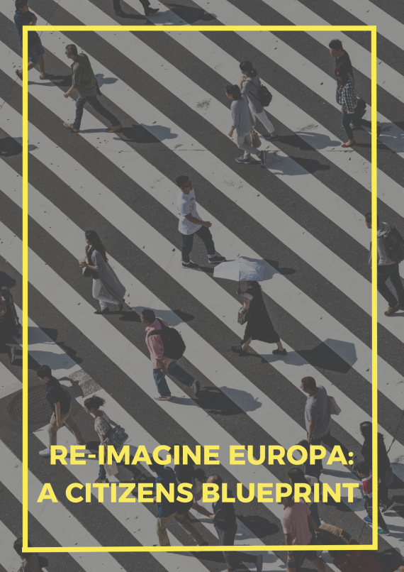 Cover with people crossing a road in the background