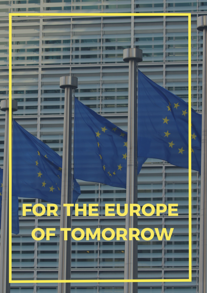 Cover with European flags with the title "For the Europe of Tomorrow"