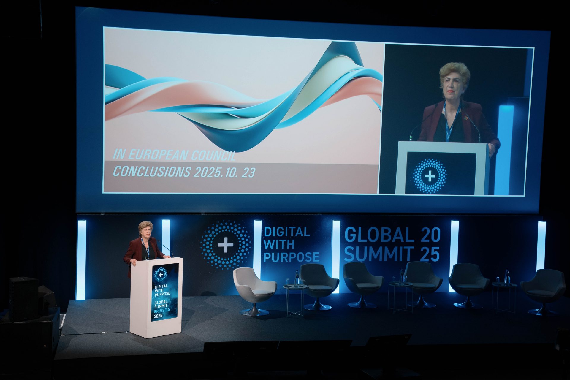 Maria Joao Rodrigues delivers the keynote speech at the Digital with Purpose Global Summit (Gesi) 2025