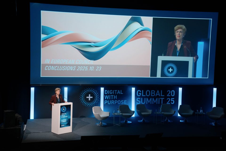 Maria Joao Rodrigues delivers the keynote speech at the Digital with Purpose Global Summit (Gesi) 2025